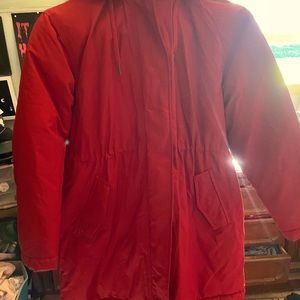 Universal threads red xl puffer coat long, removable fur hood
